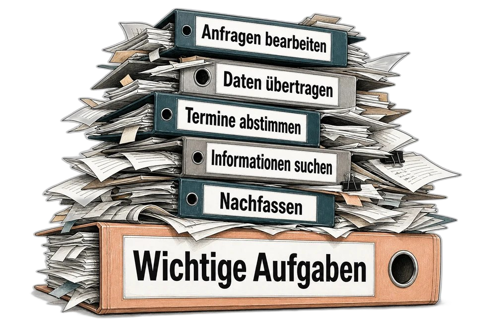 Überladener Stapel aus Ordnern und Unterlagen mit Routineaufgaben, unter dem wichtige Aufgaben liegen bleiben